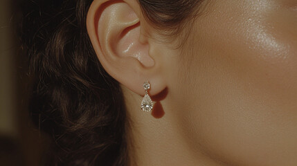 Close-up of an elegant woman's ear showcasing a delicate teardrop earring with intricate detailing in soft light