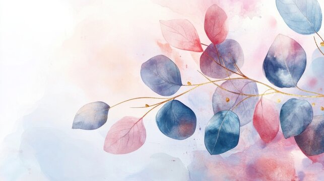 pink and purple eucalyptus twigs with gold lines watercolor on light Background for wallpaper, invitation, greeting banners