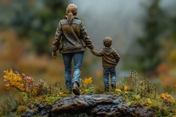 A mother and child walking together along a path