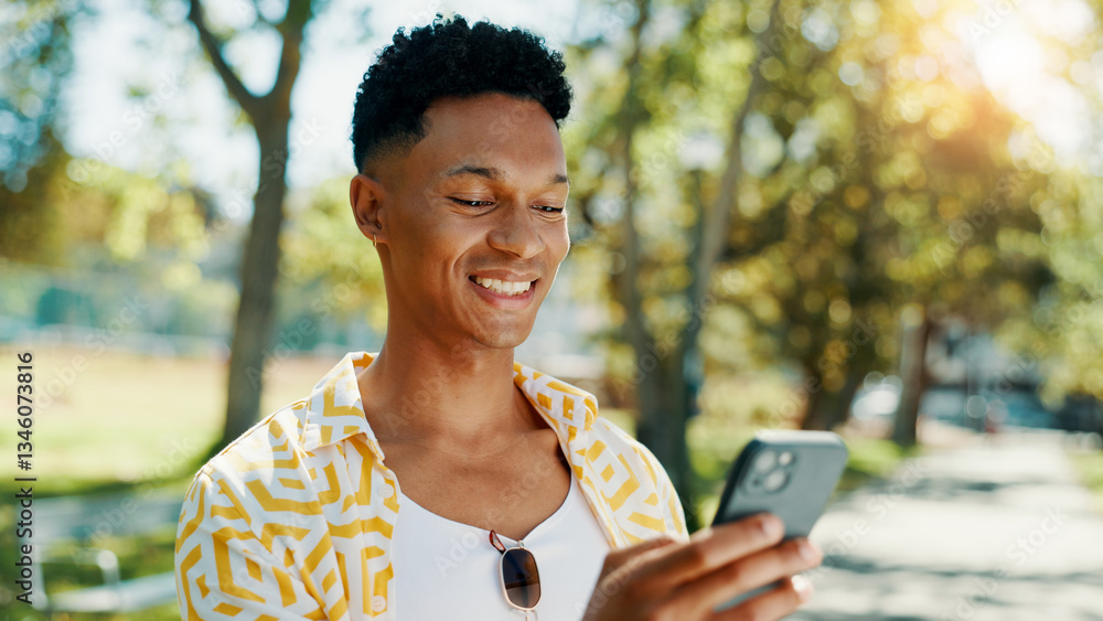 Poster smile, man and student with phone at park for communication, social media and reading blog. happy, p