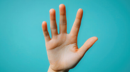 close up of elegant hand with fingers extended against vibrant turquoise background, conveying sense of openness and communication. hand appears delicate and well groomed, emphasizing beauty