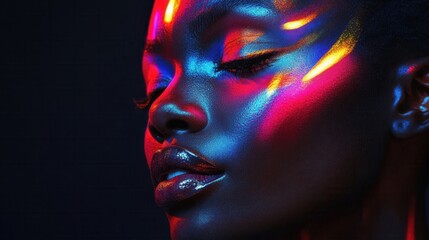 Vibrant neon portrait of african female with colorful light reflections on skin