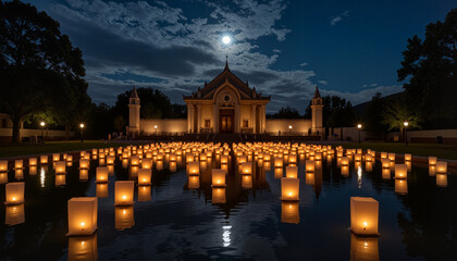 Fototapeta premium Full moon reflecting on temple pond during Vesak lantern release, serene night scene