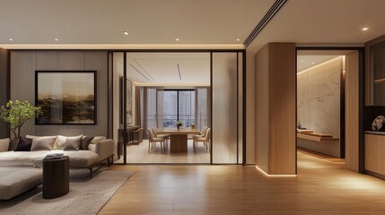 Sleek gallery with soft lighting and modern sliding doors, creating a minimalist atmosphere for a refined exhibition setup.