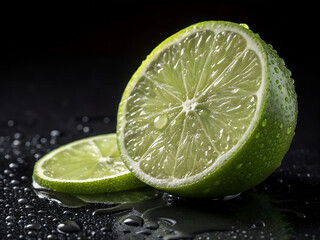 Fresh lime slice and half isolated on black background. Lime fruit slice, leaves and green juice