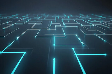 Futuristic maze design with glowing blue lines on a dark background, symbolizing technology