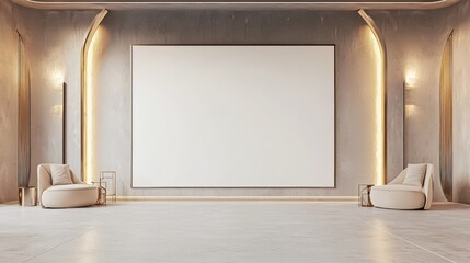 Contemporary gallery space with a blank white screen in 3D, soft lighting and professional minimalism for corporate displays