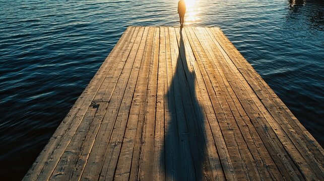 Solitary figure on wooden pier at sunset with long shadow over water
