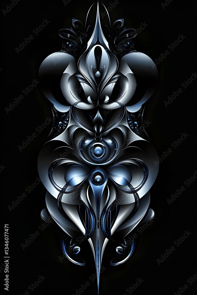Poster metallic abstract totem glowing in the dark with intricate details