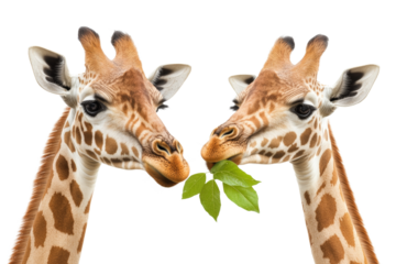 Two giraffes are eating leaves from a tree, isolated