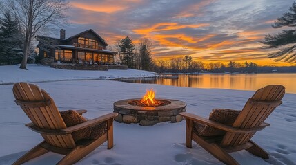 Cozy winter evening by the lakeside with a fire pit at sunset near a charming cabin