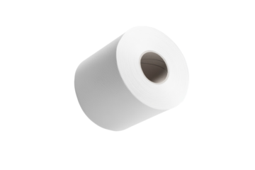 White roll of toilet paper is shown in the air, isolated