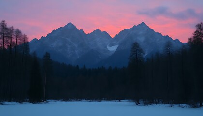Obraz premium Pink Sunset over Snowy Mountains.