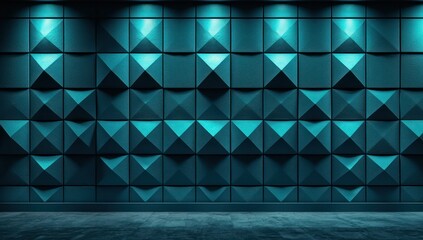 Contemporary vibrant teal geometric wall with dark textured squares and triangles.