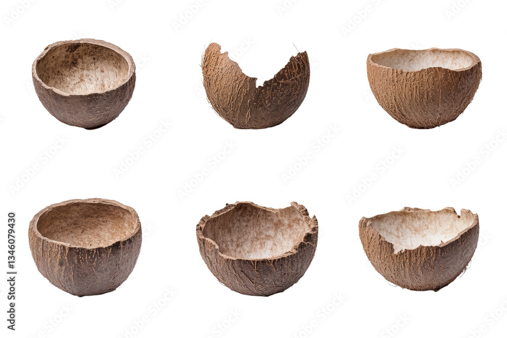 Poster series of empty coconut shells, each one slightly different in size and shape, isolated