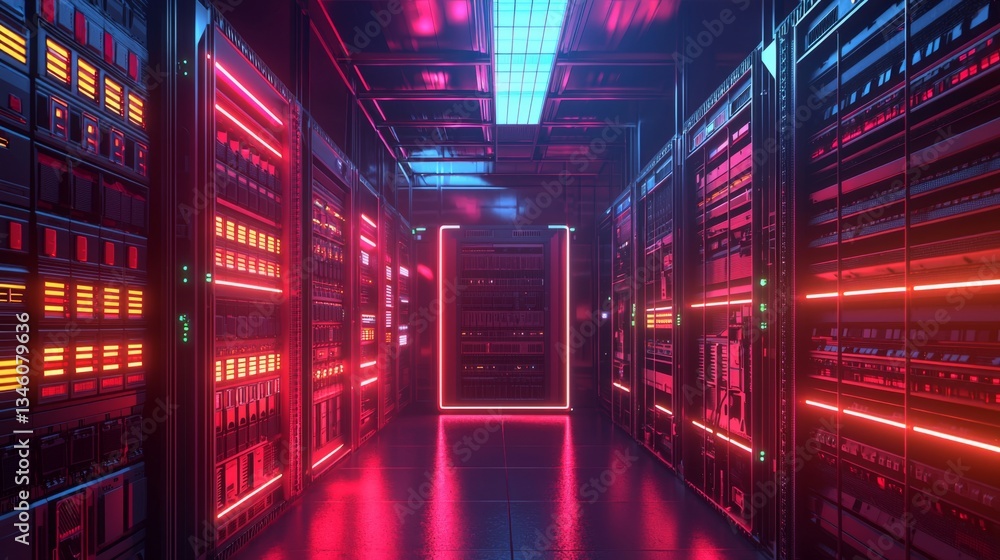 Poster futuristic data center with neon lights and modern technology enhancements in a server room environm