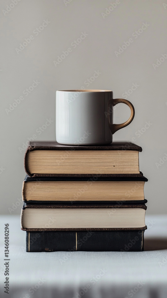 Poster a neatly arranged stack of books holds a minimalist white coffee cup on top, inviting readers to enj