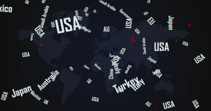 Floating typography of Country Names . Global Nations Background. Repeatable footage.
