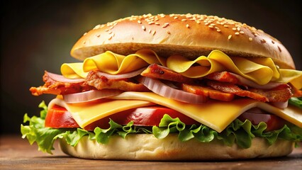 Macro Photography: Gourmet Ham Bacon Cheese Lettuce Fries Sandwich - Close Up Detail Shot