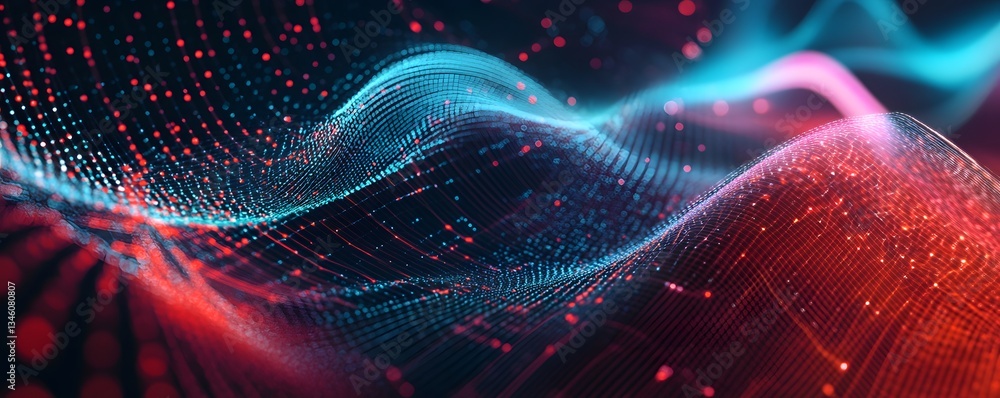 Poster Abstract particles form wavy surface with red and blue lights