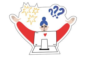 Surprised woman works at laptop computer. Freelancer taking notes. Flat vector illustration isolated on white background