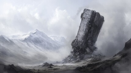 A large mechanical structure is positioned in a mountainous winter landscape