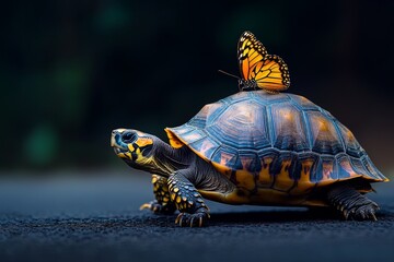 Obraz premium A turtle crossing a country road, pausing as a butterfly lands on its shell