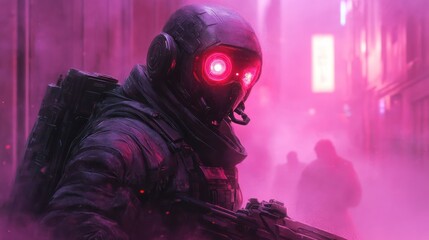 Futuristic soldier in a neon-lit urban environment, shrouded in fog, preparing for action © riski