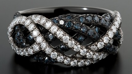 Fototapeta premium A black and white diamond band with a unique intertwined design displayed on a glossy black surface