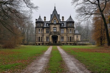Obraz premium A vampire castle being restored, with undead laborers carefully rebuilding its sinister walls