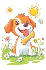Cheerful cartoon puppy with bone and flowers on a sunny day