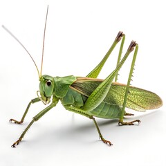 Fototapeta premium Green grasshopper on a leaf and grass with detailed close-up of its legs and antenna, showcasing its natural beauty in the wild