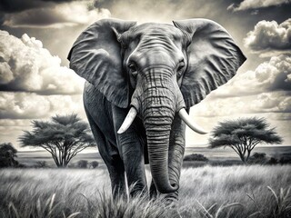 Naklejka premium Majestic African Elephant: Black and White Wildlife Photography, Tusker, Savannah, Wild Animal