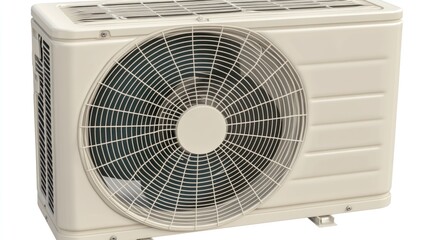 Fototapeta premium Close-up of an outdoor air conditioning unit, showcasing its fan and protective casing.