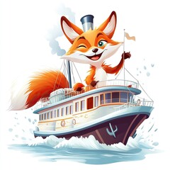 Cheerful cartoon fox sailing on a boat with a happy expression