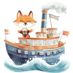 Cheerful cartoon fox captain on vintage ship navigating ocean waves