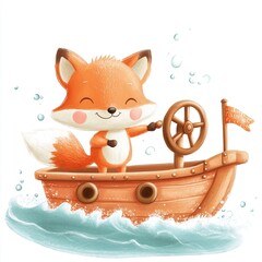 Cheerful cartoon fox sailing in wooden boat on wavy sea with flag