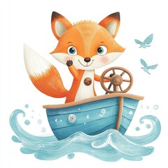 Cute cartoon fox steering blue boat on waves with birds around