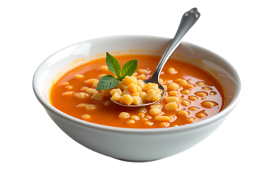 A comforting bowl of homemade corn soup topped with fresh mint in a white bowl soft studio light on transparent background