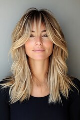 Naklejka premium Stylish woman with long wavy hair poses against a neutral background in a casual yet confident manner