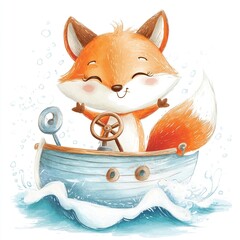 Adorable cartoon fox joyfully sailing in a small wooden boat with splashing waves