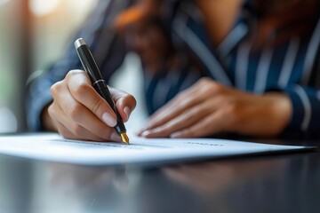 A close-up of a professional signing a check with a pen in an office.