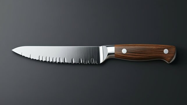Top view of a shiny chrome kitchen knife with a serrated edge and a comfortable wooden handle, blade facing right, isolated on a transparent background.