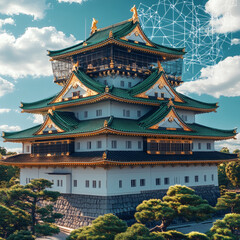 A large green and white building with gold trim