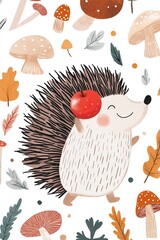 Cheerful cartoon hedgehog carrying red apple among autumn leaves and mushrooms
