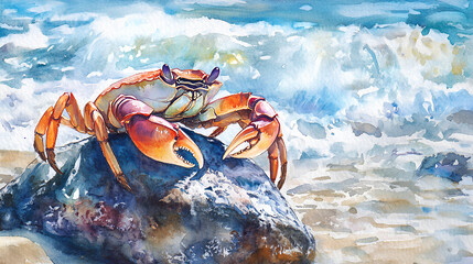 A whimsical watercolor painting of a crab resting on a rock by the beach, showcasing vibrant colors and a serene natural environment