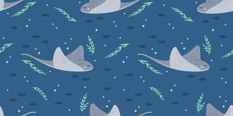 Underwater seamless pattern with stingray fish