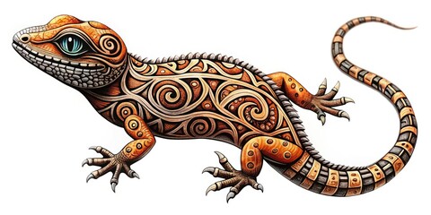 Fototapeta premium Maori Polynesian Lizard Gecko Tattoo Sketch, Tribal Reptile Design, Isolated Ink Drawing