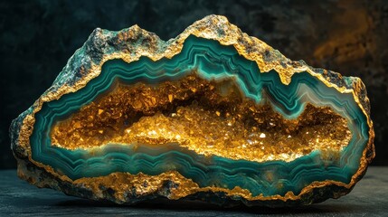 Fototapeta premium Beautiful turquoise and golden crystal geode close-up on a dark background. Perfect for science, wealth, and geological themed designs.
