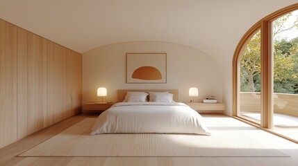 Serene Bedroom Design with Minimalist Aesthetic and Natural Light Flow,3D rendering